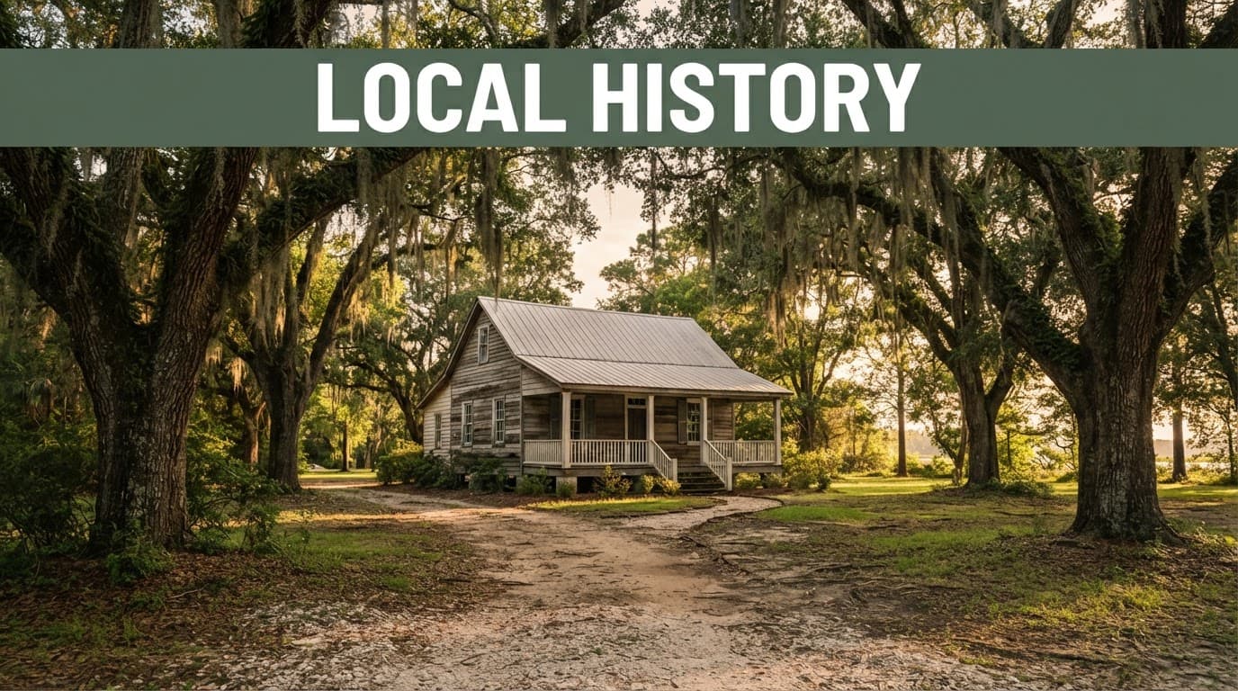 Historic coastal building framed by live oaks and a simple path.