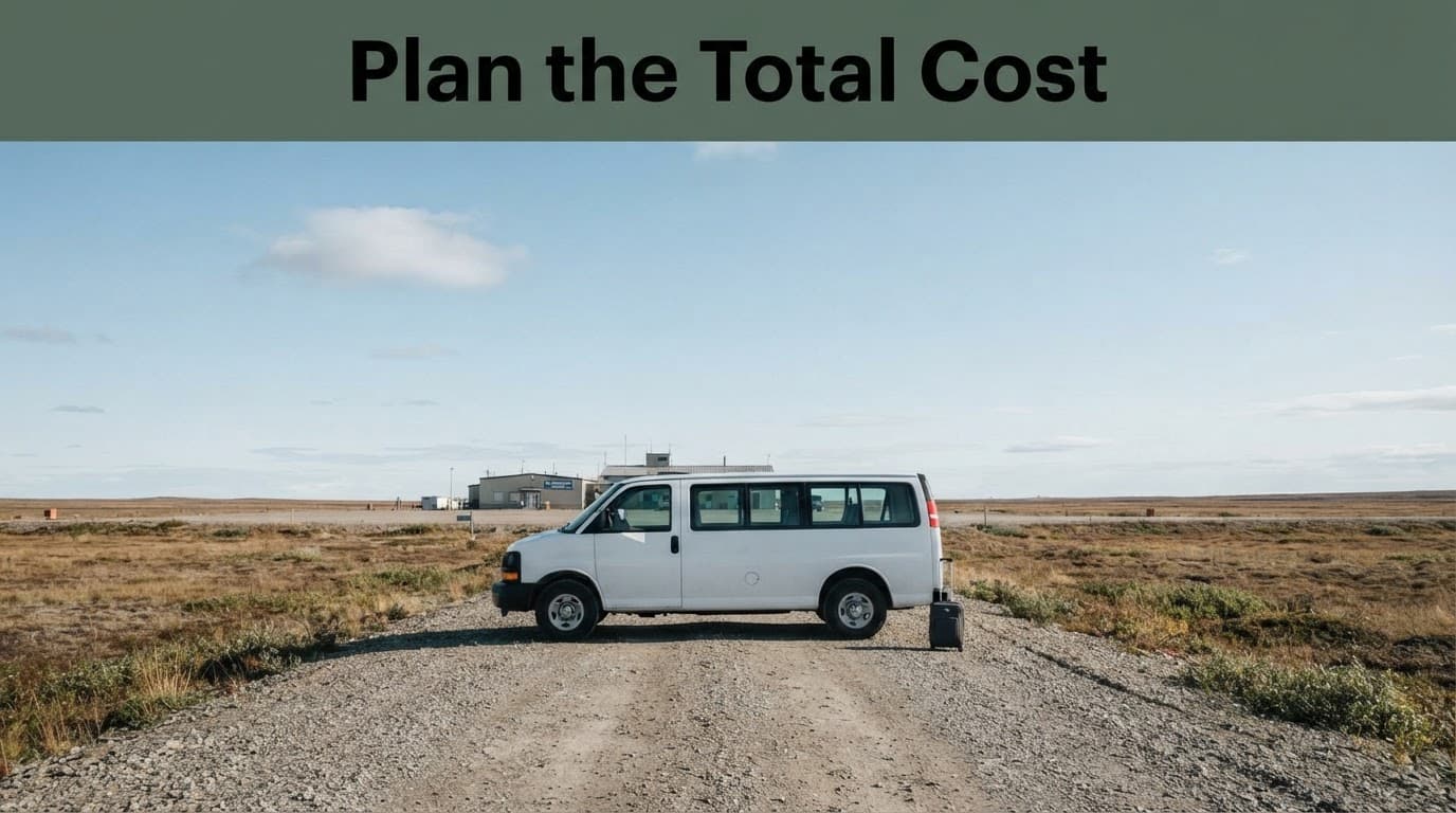 A suitcase and shuttle van sit outside a small airport in the Arctic tundra.