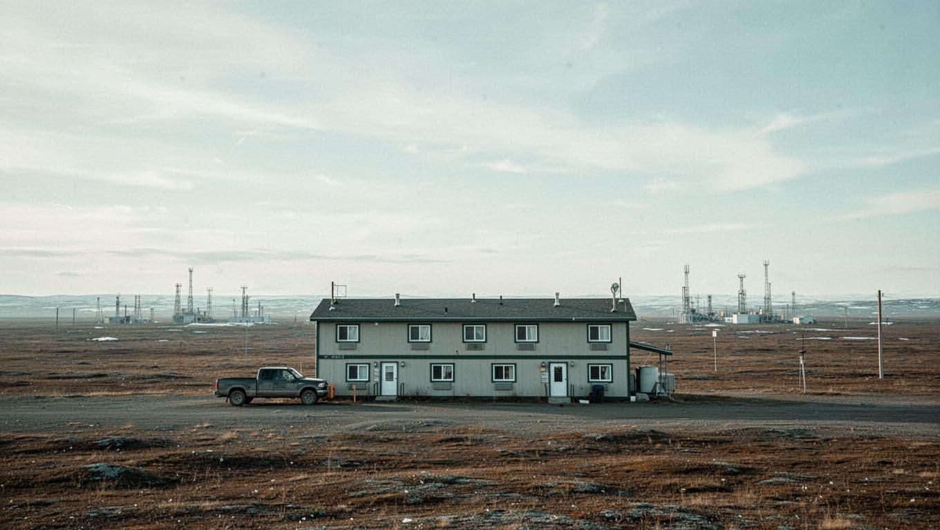 A small worker hotel and parked pickup truck sit on flat Arctic tundra.