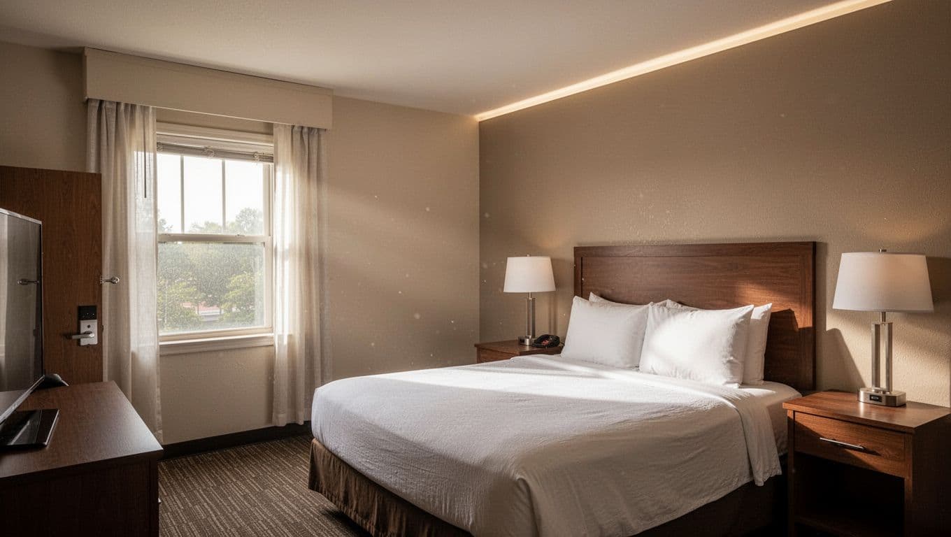 Tidy hotel room with a made bed, lamp, and small seating area.