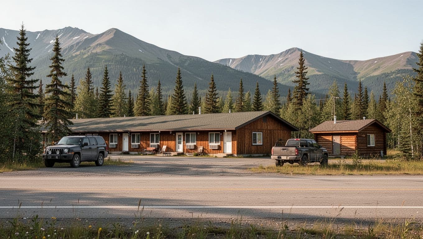 A roadside motel, small cabin, and one SUV beneath a Budget Lodging banner.