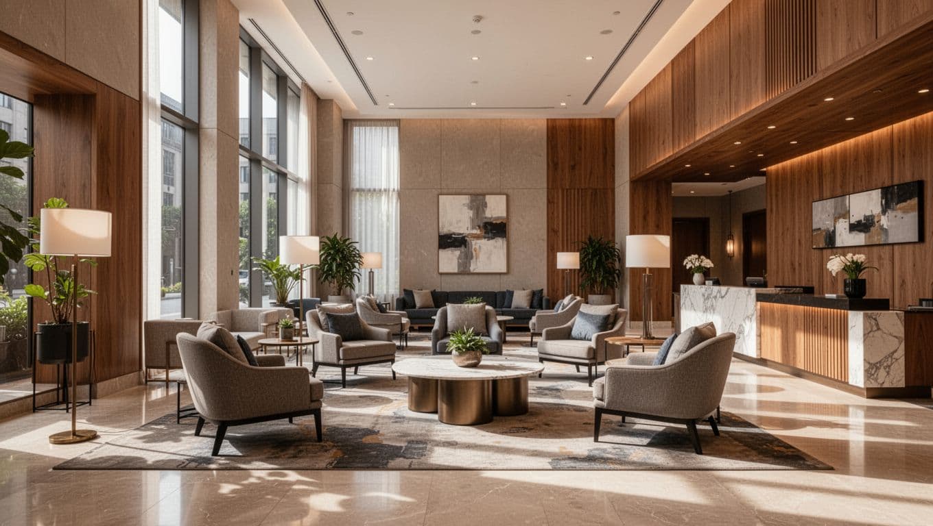 Modern hotel lobby with lounge seating, wood accents, and warm lighting.
