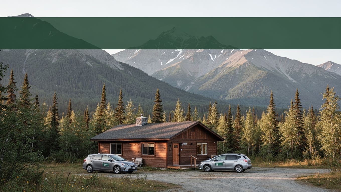 A modest lodge and parked car sit below forested mountains near Denali.