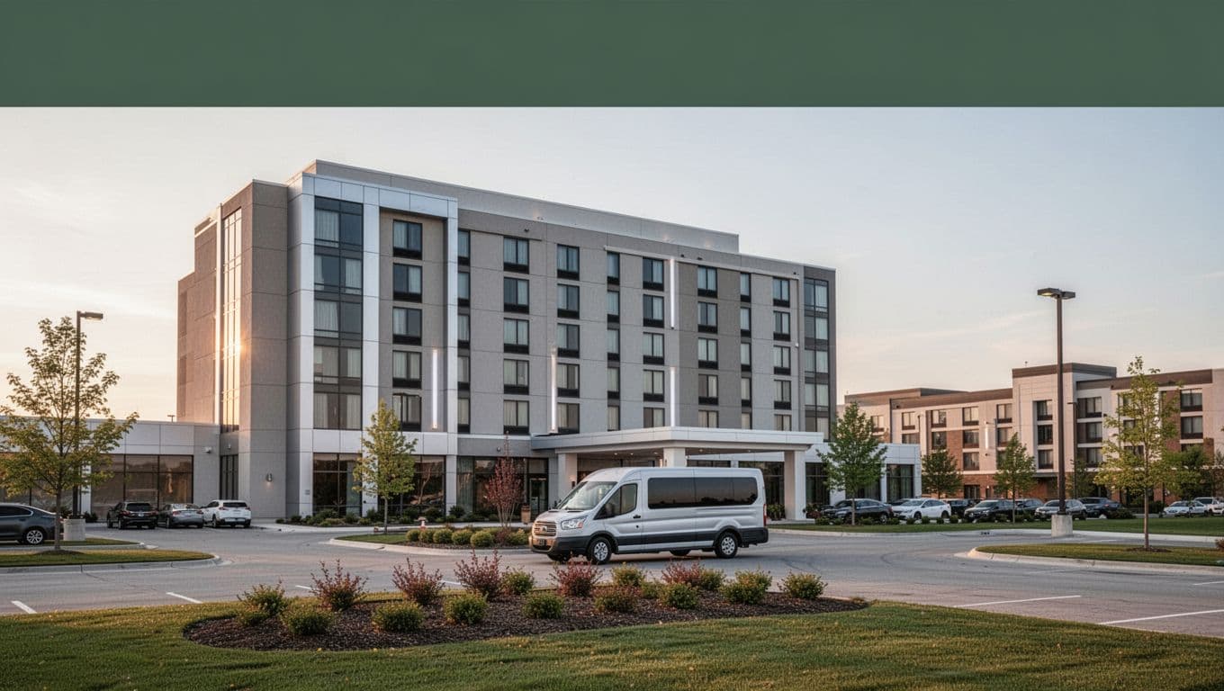 Modern airport hotel with one shuttle van and landscaped grounds at dawn.