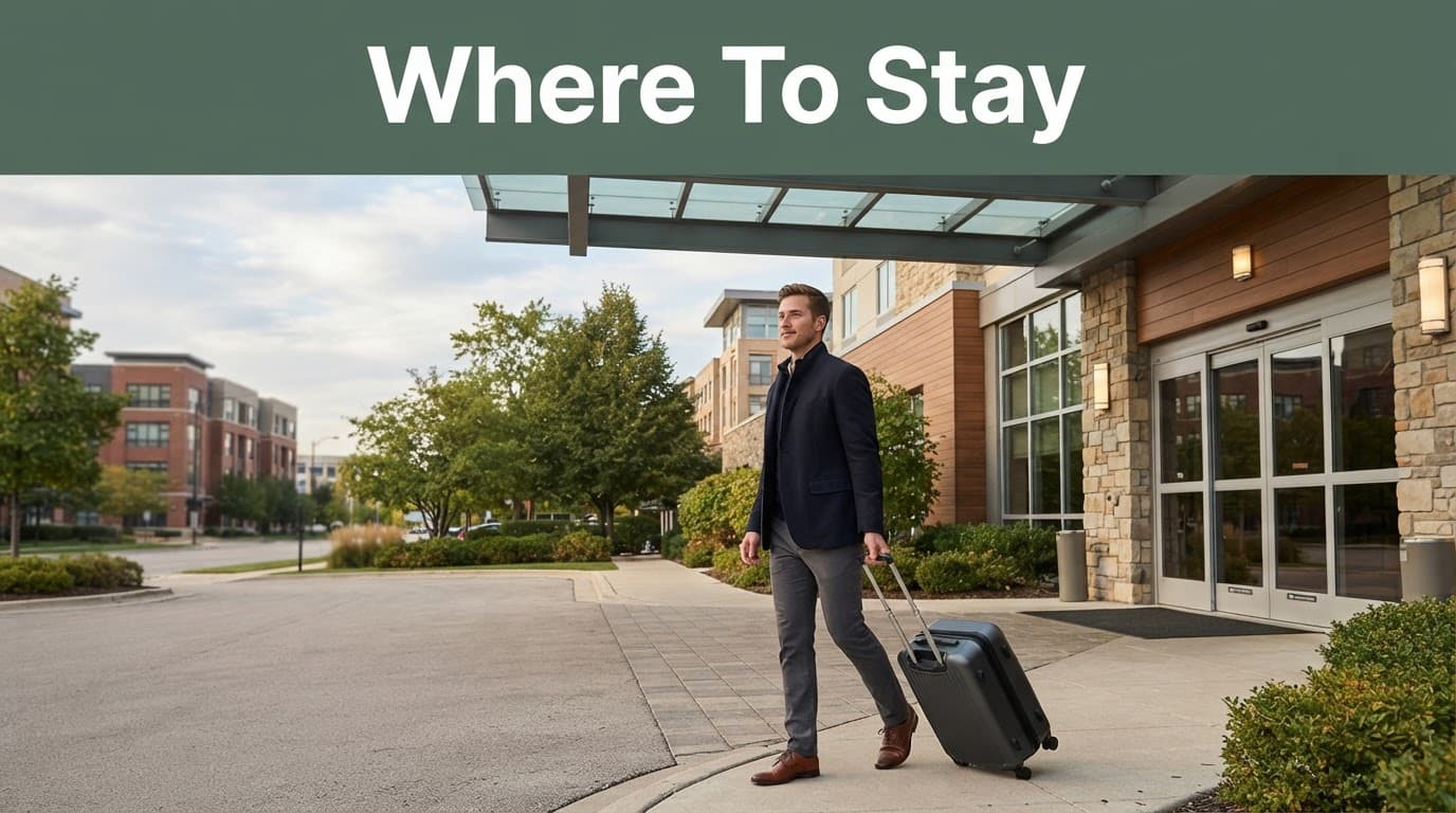 Traveler with a rolling suitcase entering a modern hotel near O'Hare.