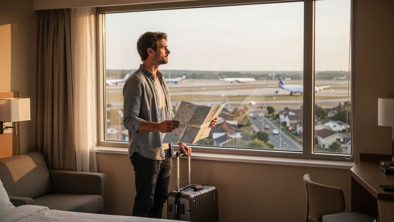 A traveler with a suitcase plans transportation beside a hotel window.