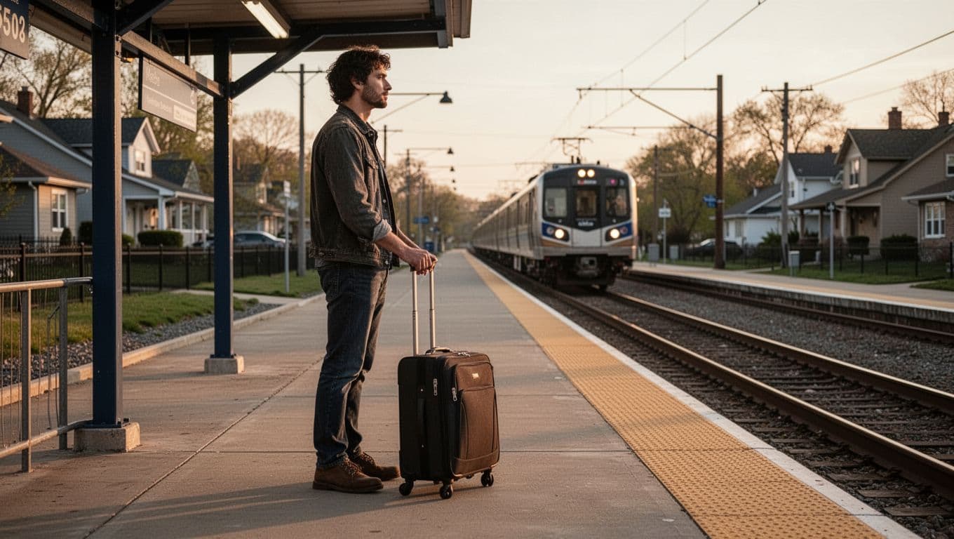 A traveler with a suitcase waits beside a suburban rail platform as a train approaches.