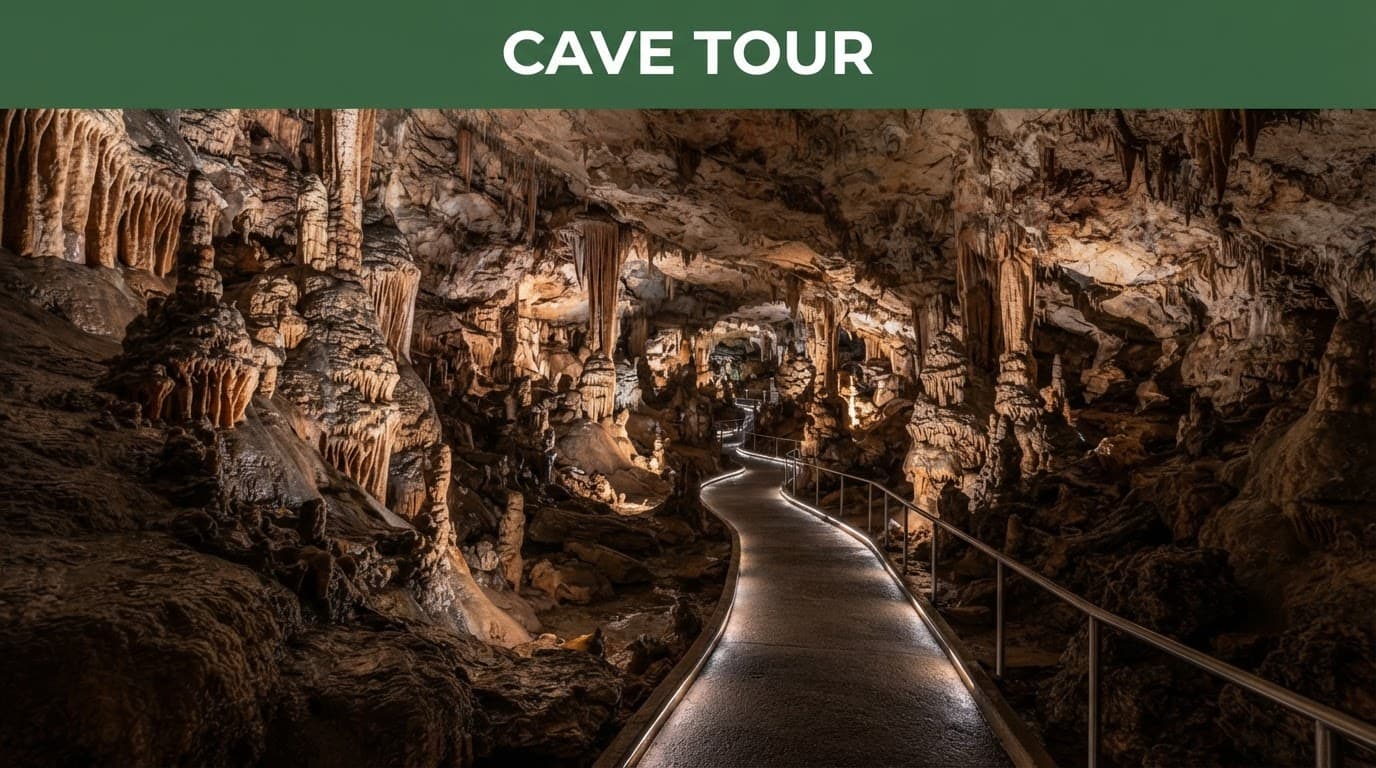 A paved cave walkway passes dramatic limestone formations under warm lighting.