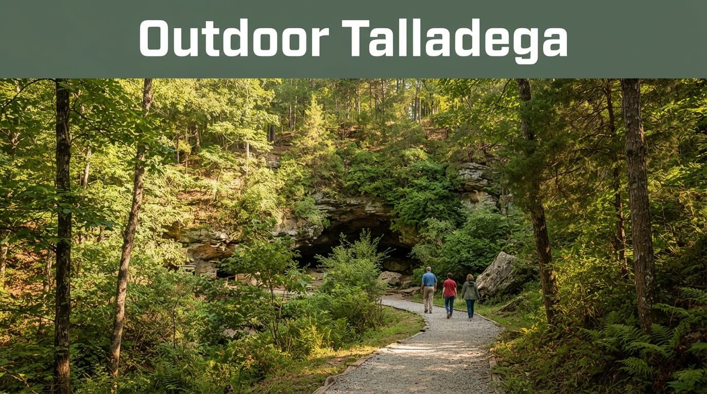 Visitors walk a clear path through woodland near the DeSoto Caverns entrance.