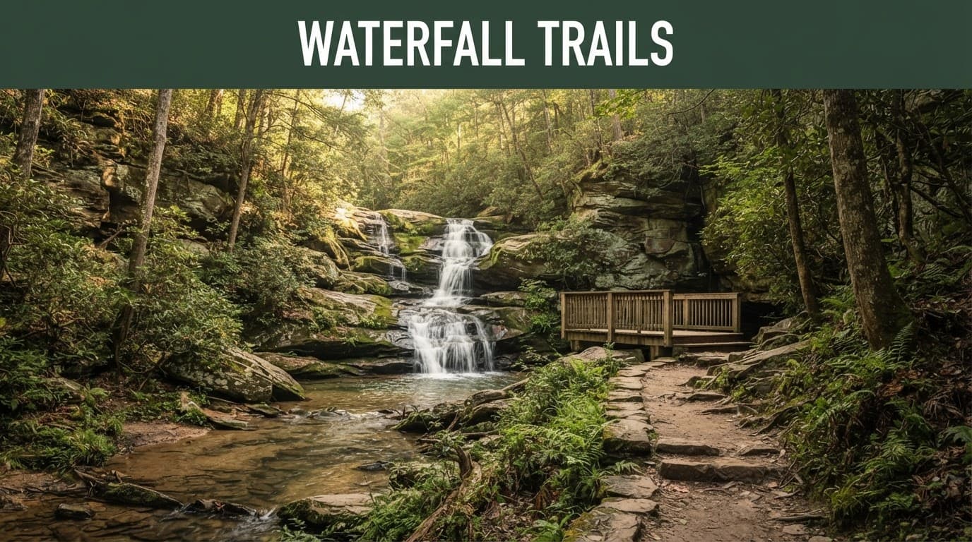 Waterfall flowing through a mossy sandstone gorge beside a forest trail.