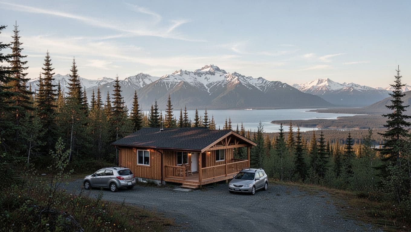 A small cabin and car on a wooded Alaskan hillside overlooking distant mountains and a bay.