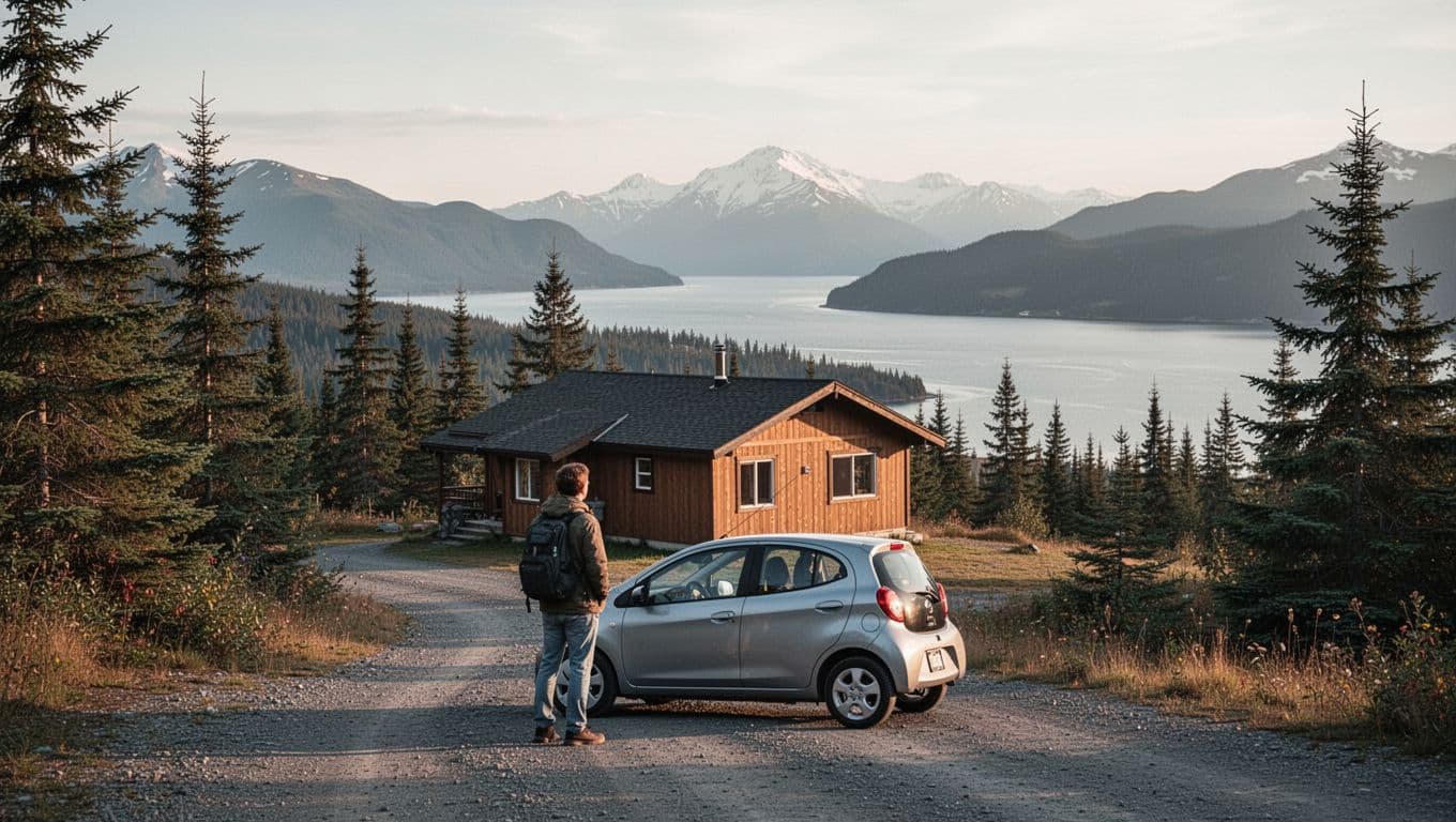 Traveler beside a rental car near an Alaska cabin.