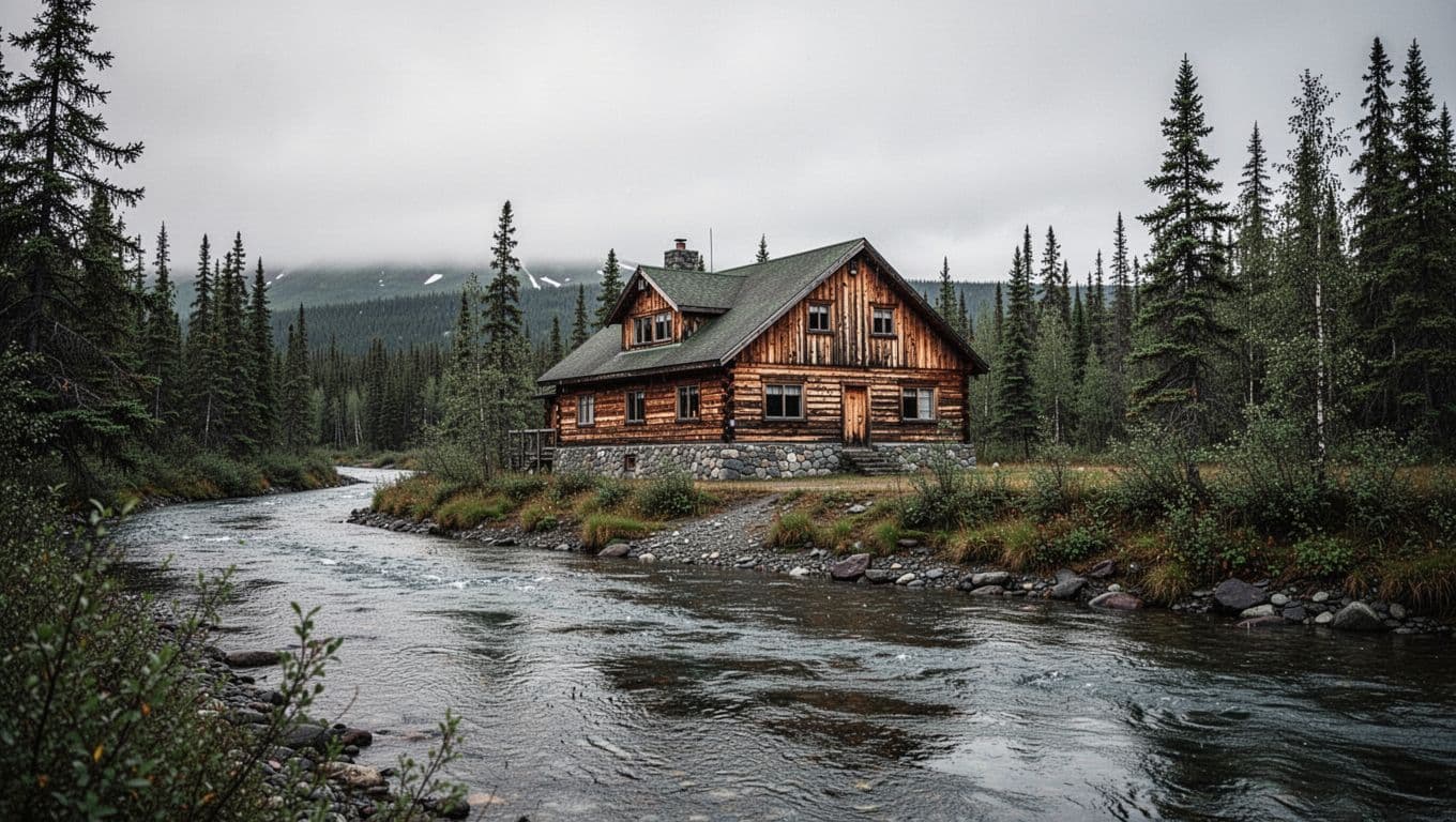 Rustic lodge beside a river in Dillingham, Alaska, under an overcast sky.