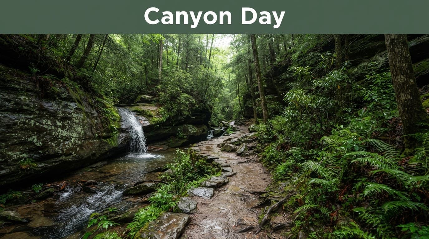 A sandstone trail winds through a lush canyon toward a small waterfall.
