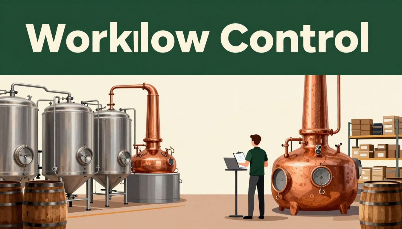 Manager reviews a clipboard beside fermenters, copper stills, barrels, and a laptop.