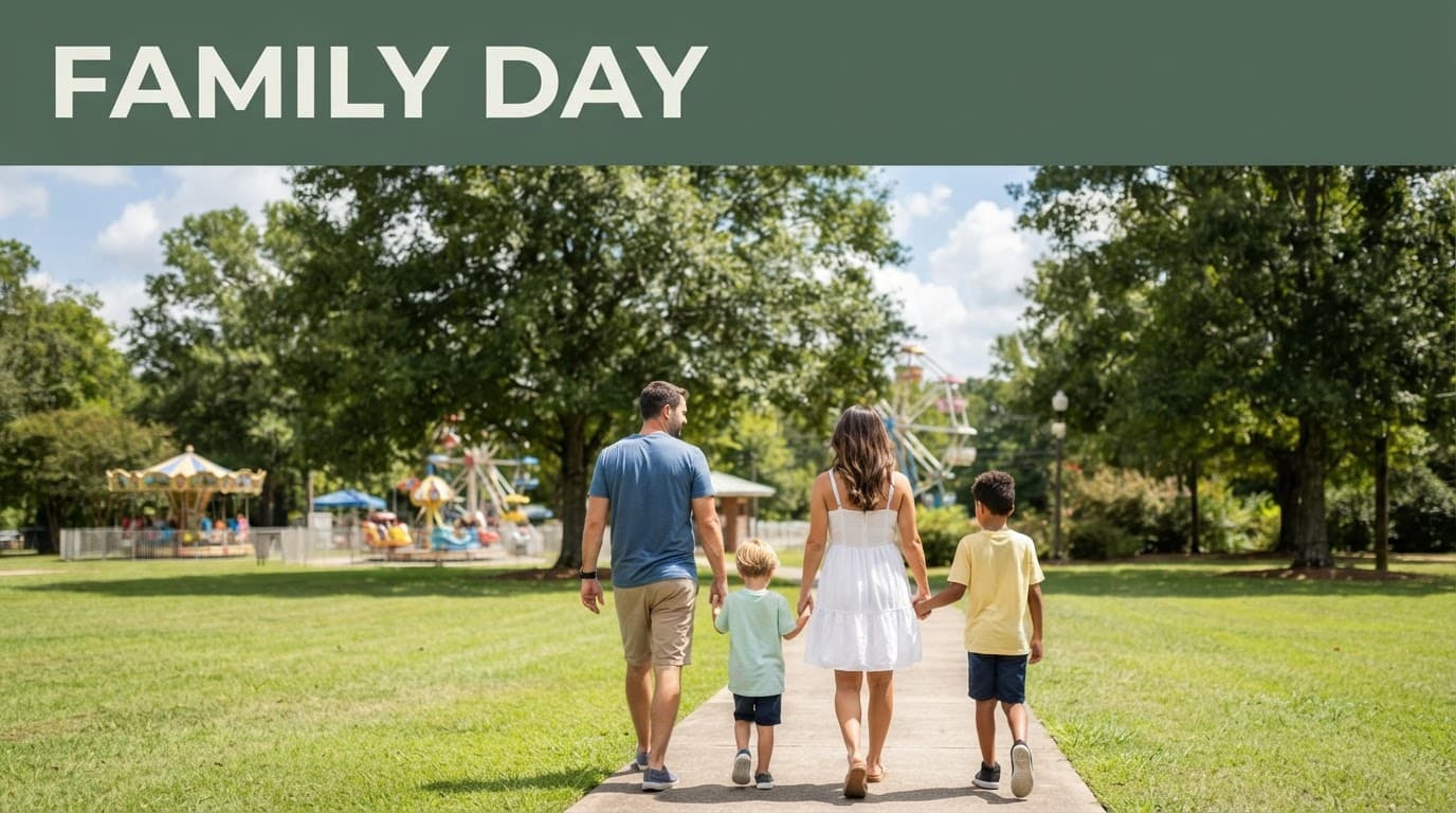 Two adults and two children walk across a sunny park near small amusement rides.