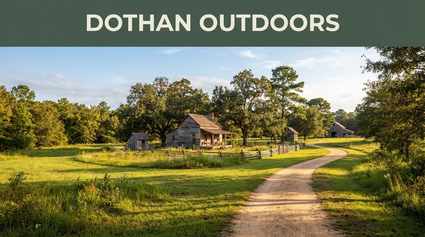 Historic farmhouse and walking path in a sunny Alabama park.