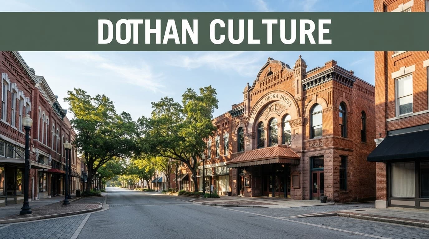 Historic Dothan Opera House on a quiet downtown street beneath a green culture banner.