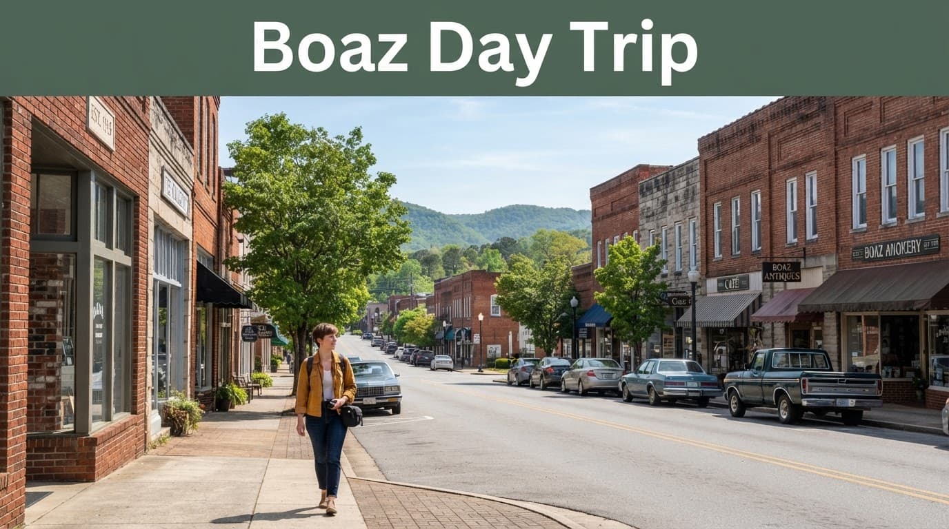 One visitor walks along downtown Boaz storefronts with foothills behind.