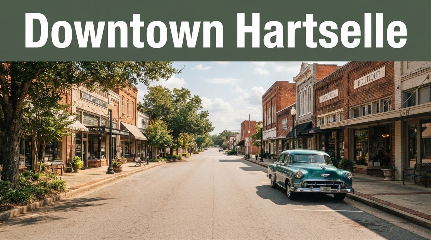 Historic Hartselle downtown with brick storefronts, leafy sidewalks, and a parked vintage car.