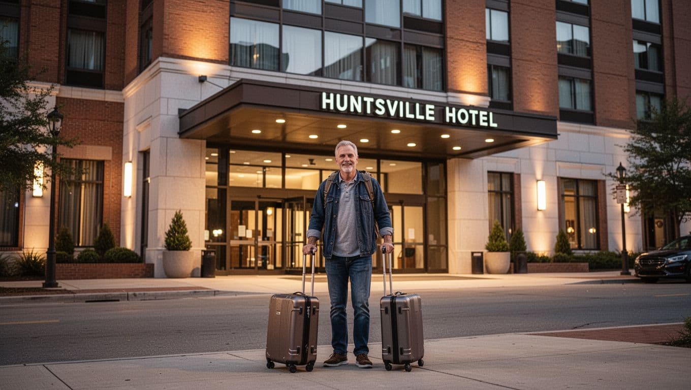 A traveler with one suitcase stands outside a modern Huntsville hotel at dusk.
