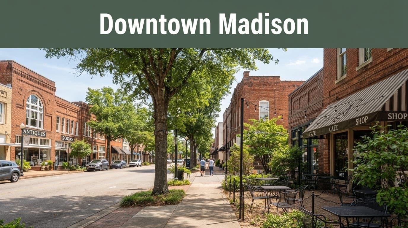 Historic storefronts and leafy sidewalks surround a small outdoor gathering area in downtown Madison.
