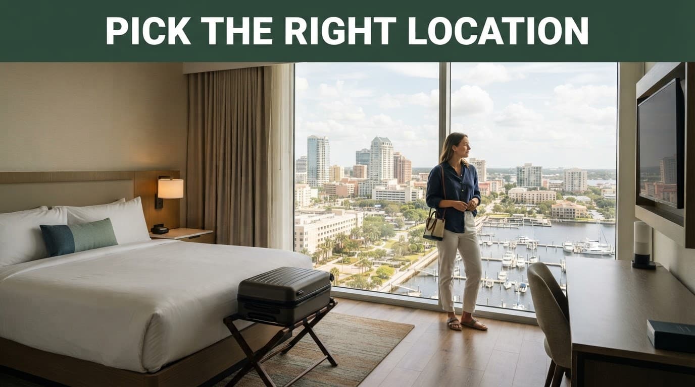 A traveler stands by a hotel window overlooking a waterfront skyline, with a suitcase beside the bed.