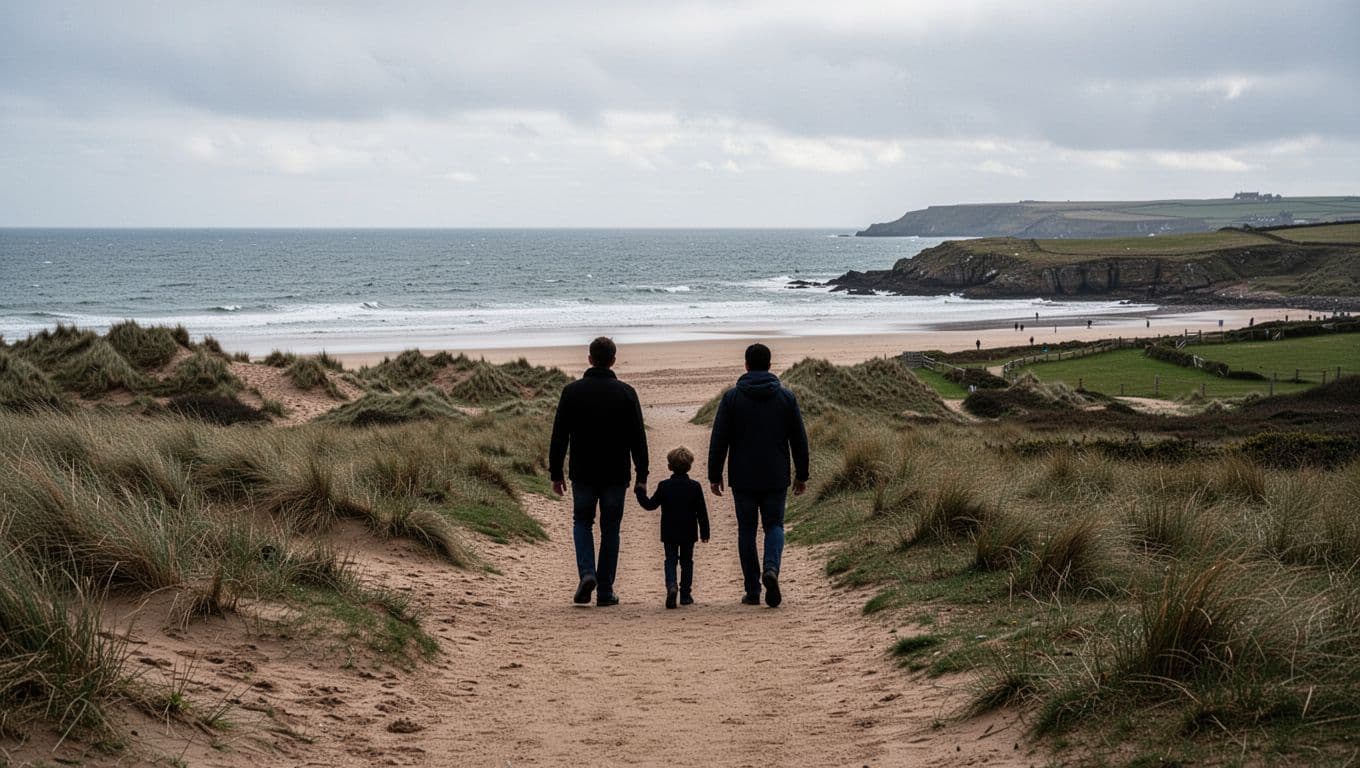 Two adults and a child walk along a sandy path toward a Scottish bay.