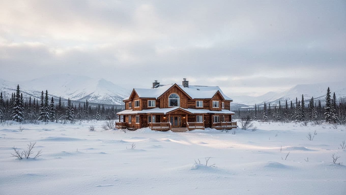 A cozy hotel sits in a snowy Alaska landscape near North Pole.
