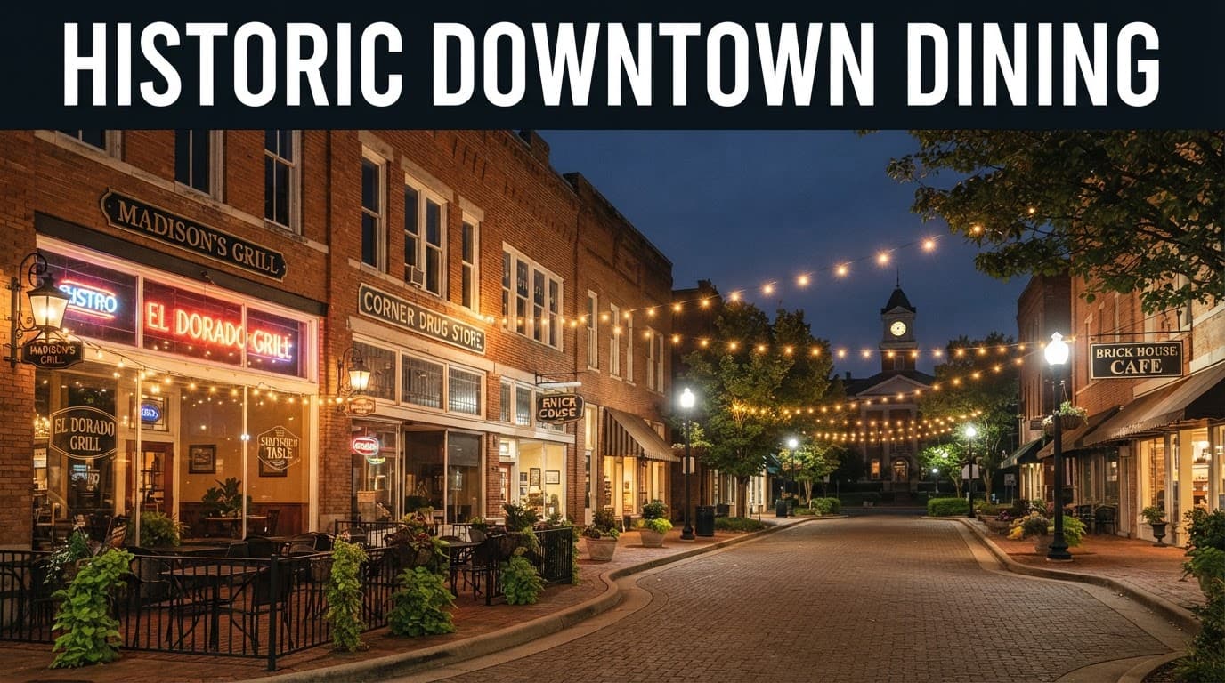 Historic El Dorado restaurants with outdoor tables beneath string lights.