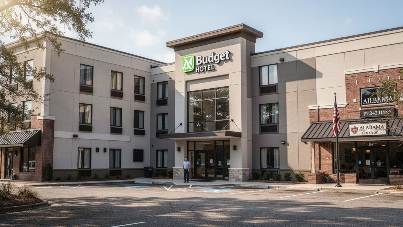 Modern budget hotel with one person near the entrance in an Alabama town.