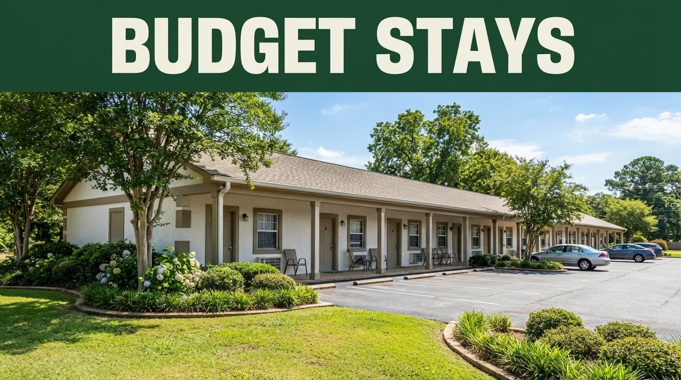 Motel exterior with tidy landscaping beneath a green BUDGET STAYS banner.