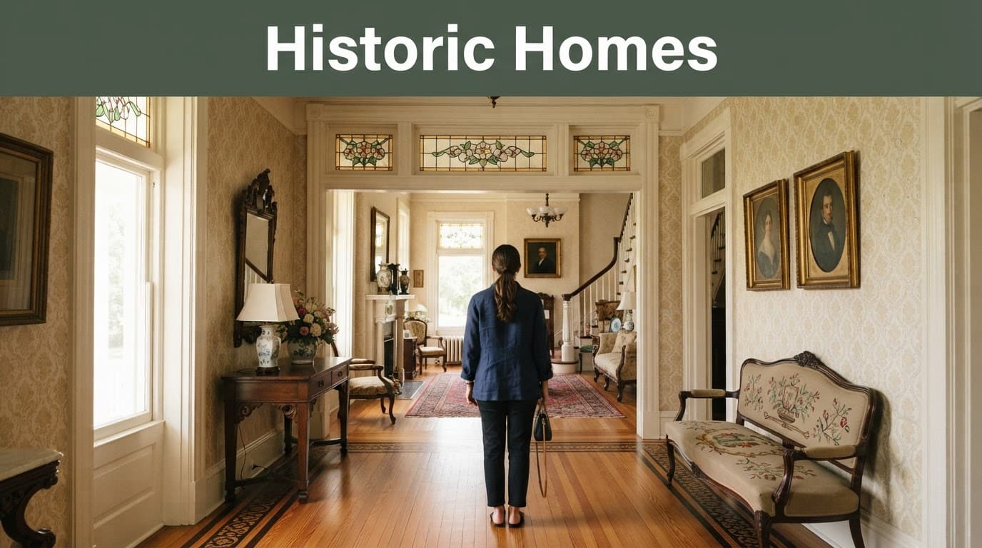 A visitor views a historic mansion interior with stained glass and period furnishings.