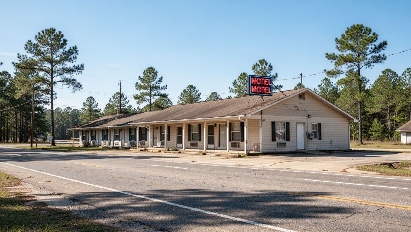 A clean roadside motel beneath a clear sky with a Budget Lodging headline.