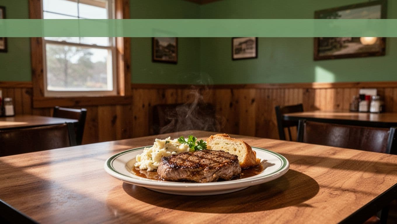 A plated Southern meal sits on a wooden table in a cozy rural restaurant.