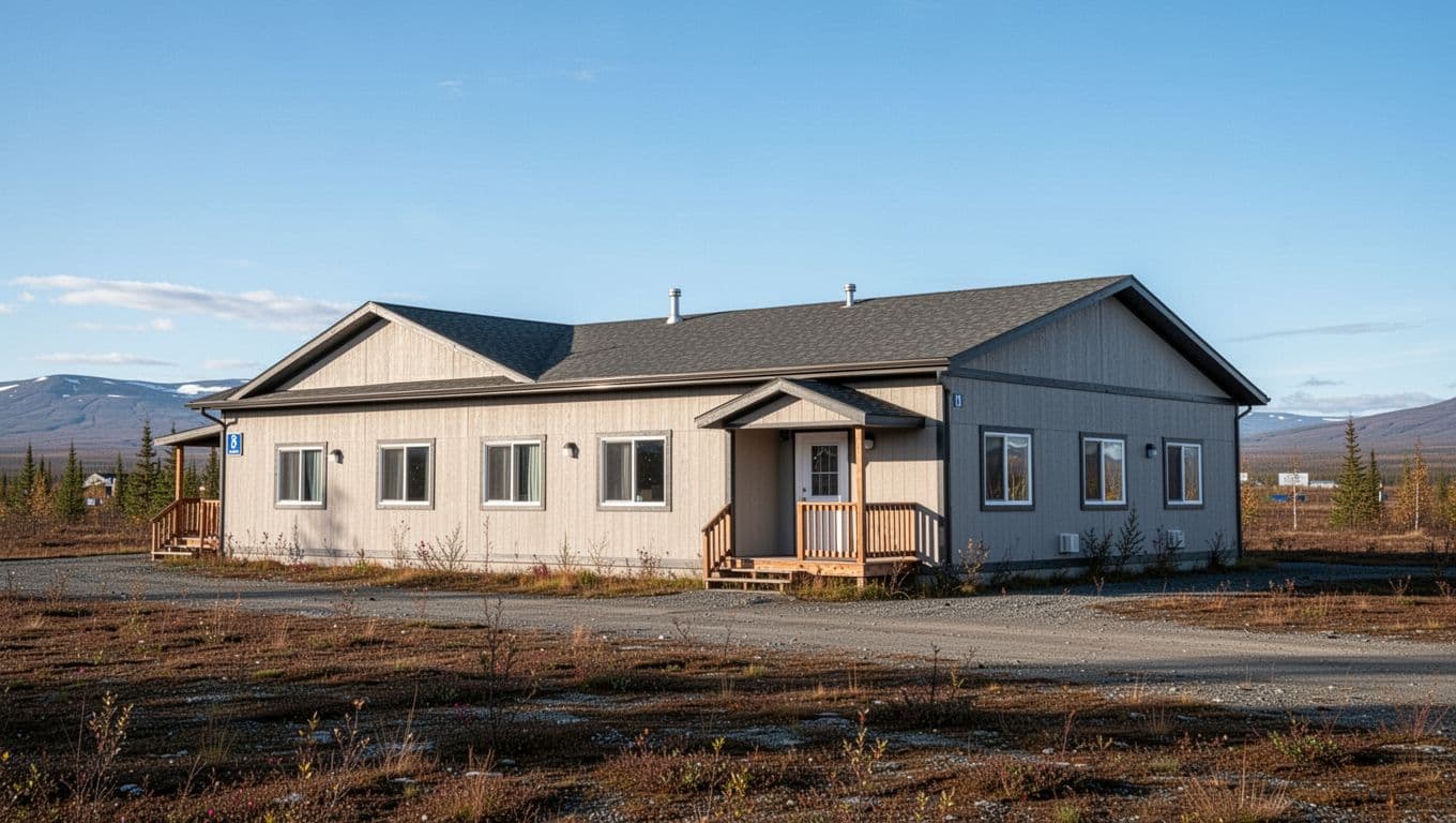 A low-rise budget hotel exterior in Fairbanks under clear daylight.