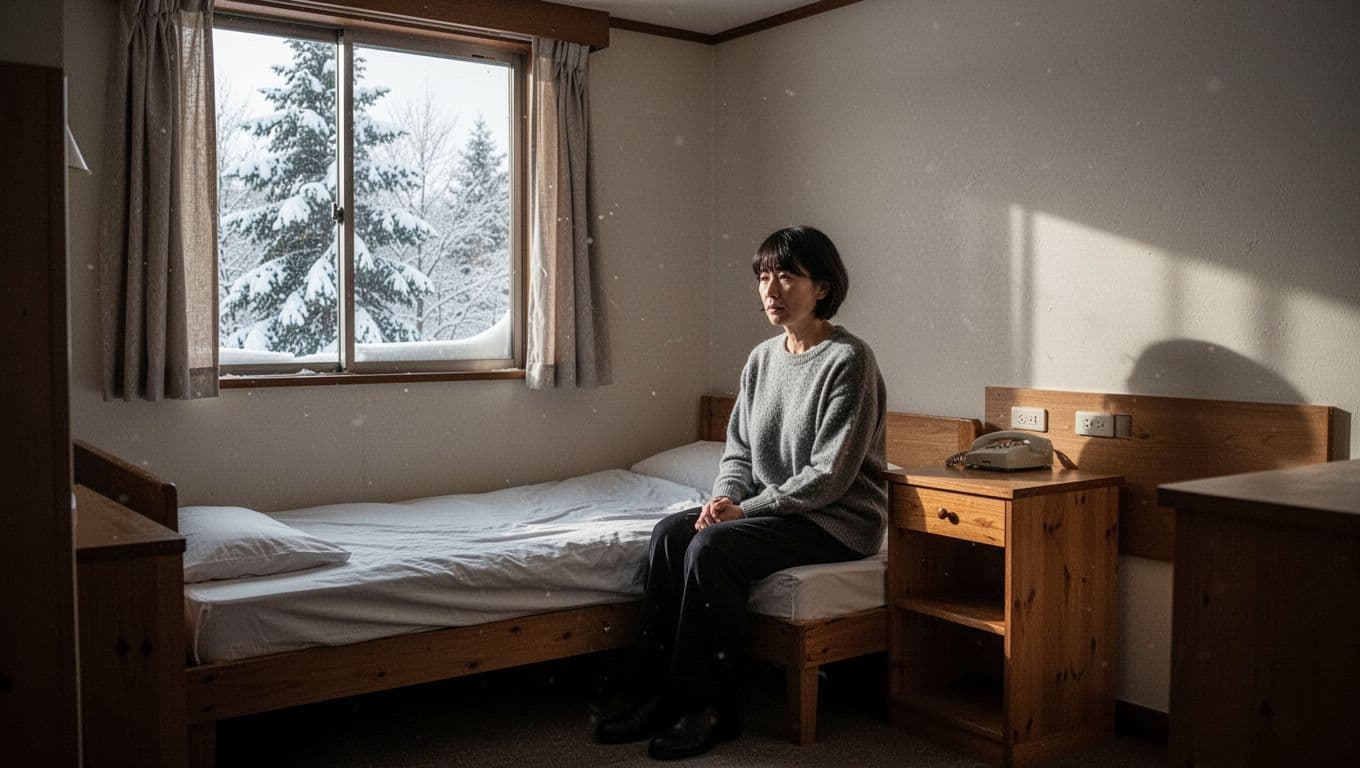 A budget hotel room with a twin bed, nightstand, snowy window, and one person.