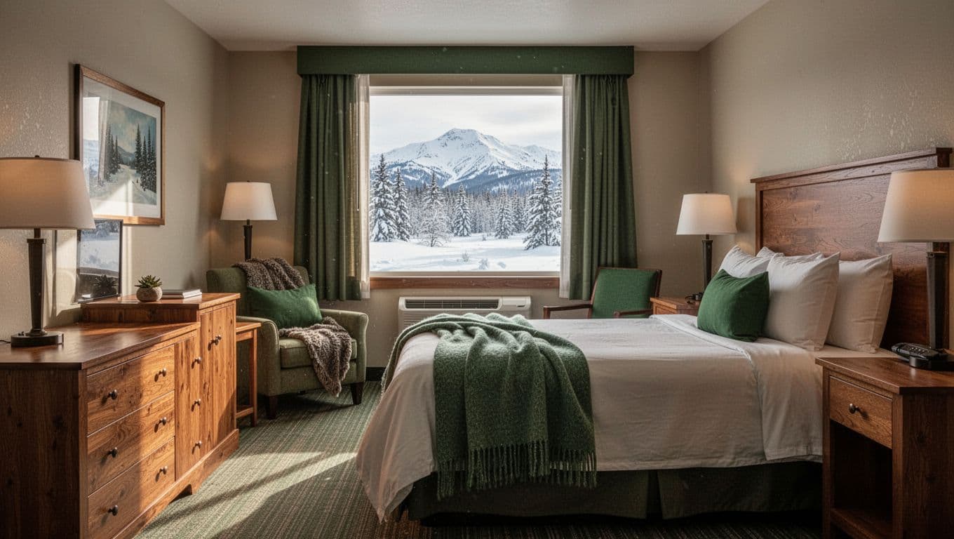 Cozy Fairbanks hotel room with a made bed, wood furniture, and warm lighting.