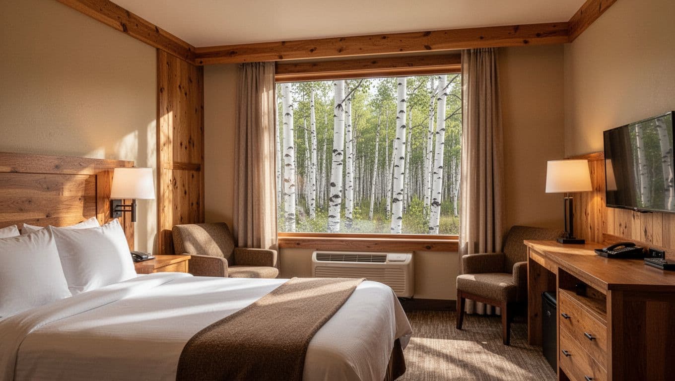 Comfortable hotel room with warm wood accents and a birch forest view.