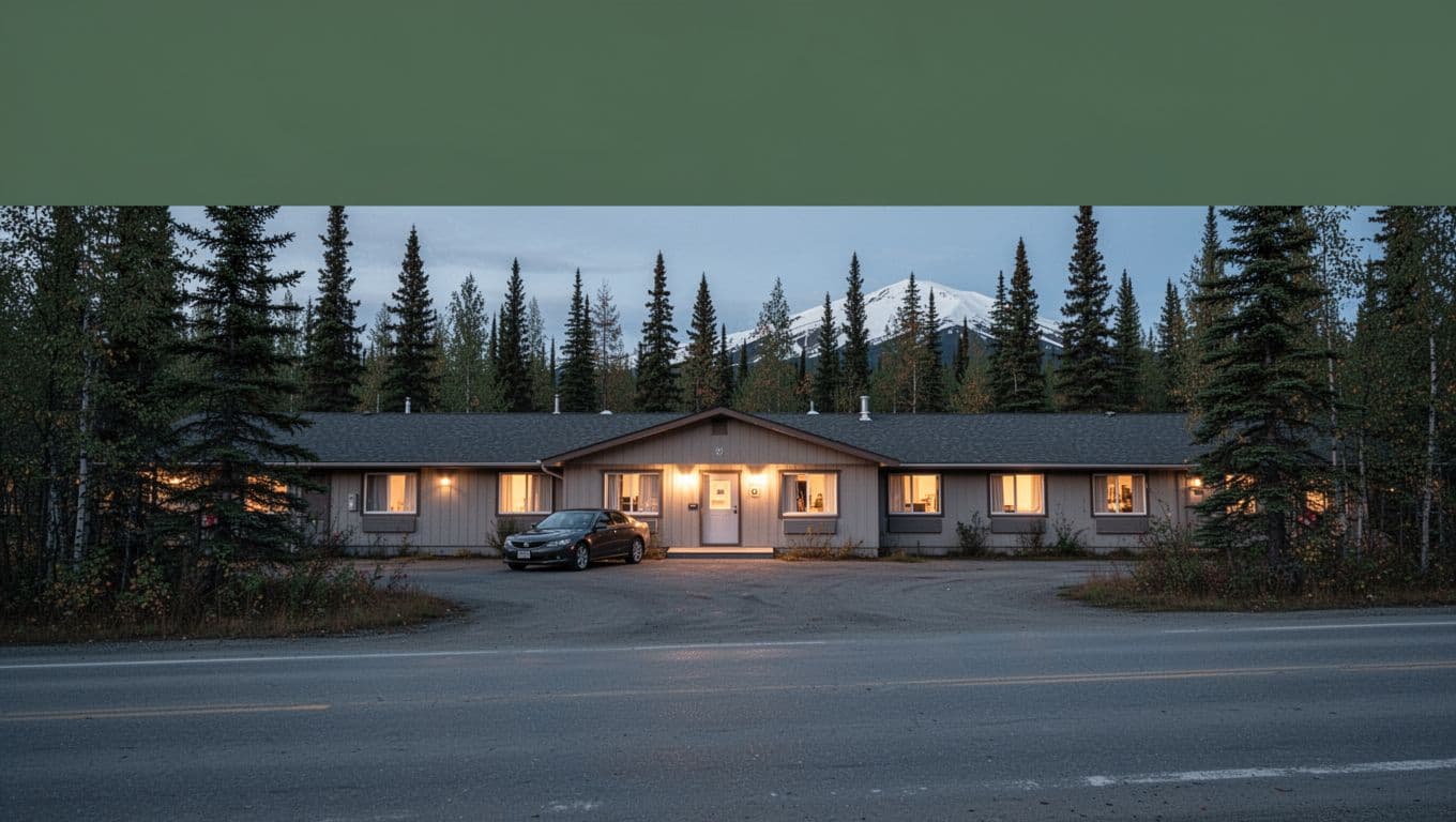 A roadside motel with one vehicle, spruce trees, and warm windows near Fairbanks at dusk.