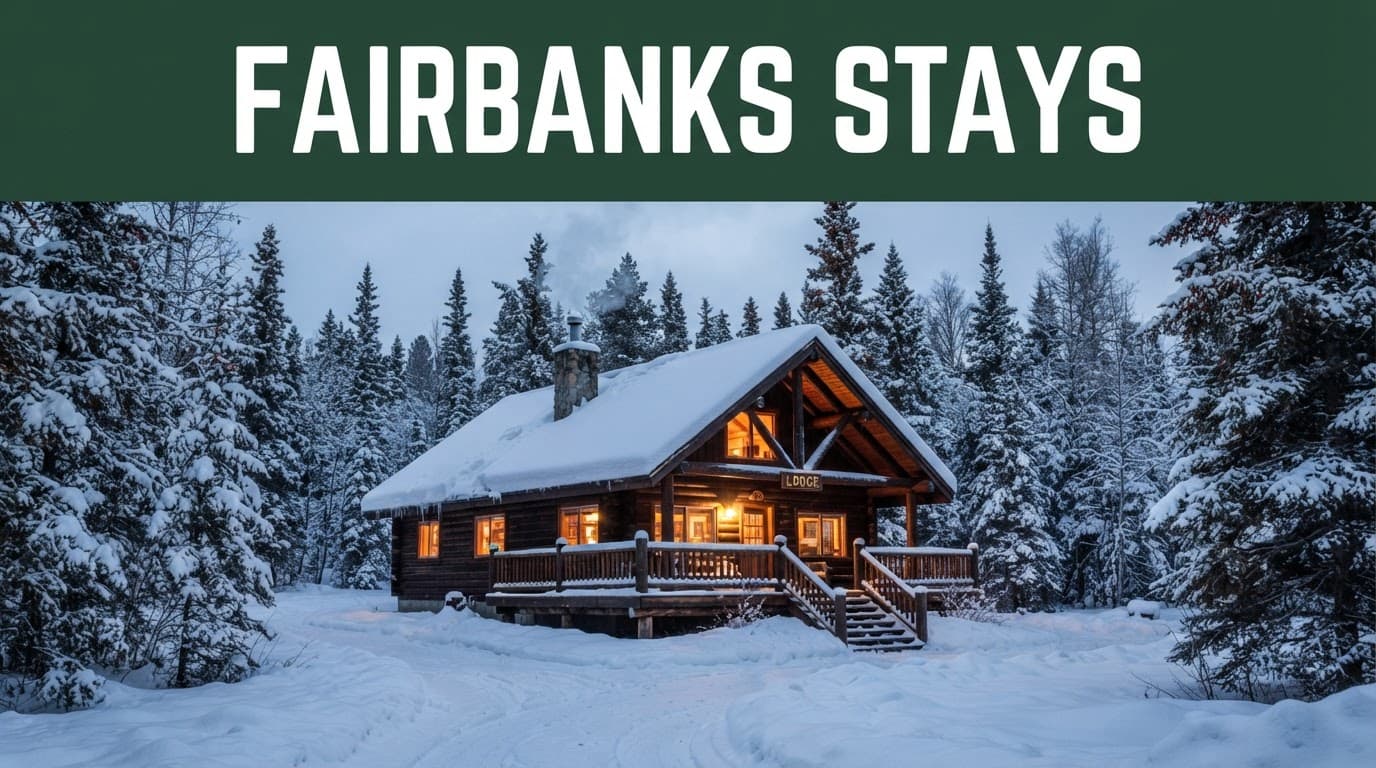 A snowy rustic cabin lodge stands among pine trees beneath a dark green banner.
