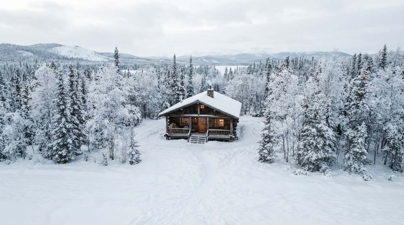 A log cabin lodge surrounded by snow in Fairbanks, Alaska.