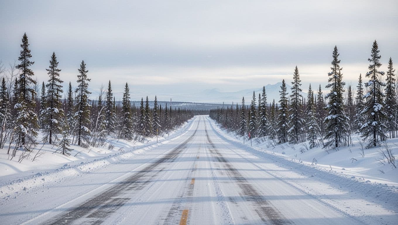 Snowy road through sparse spruce trees beneath a pale sky in Fairbanks, Alaska.