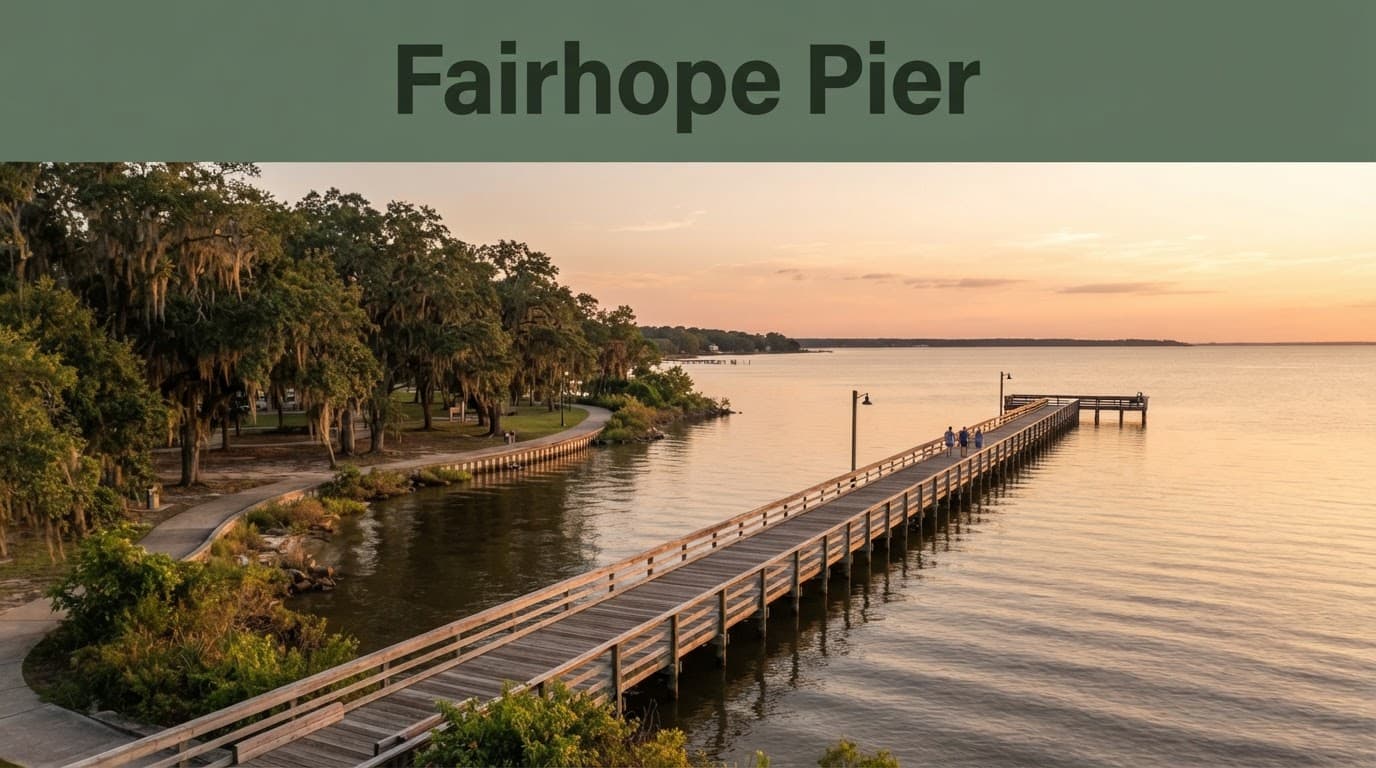 A wooden pier reaches into calm Mobile Bay at sunset.