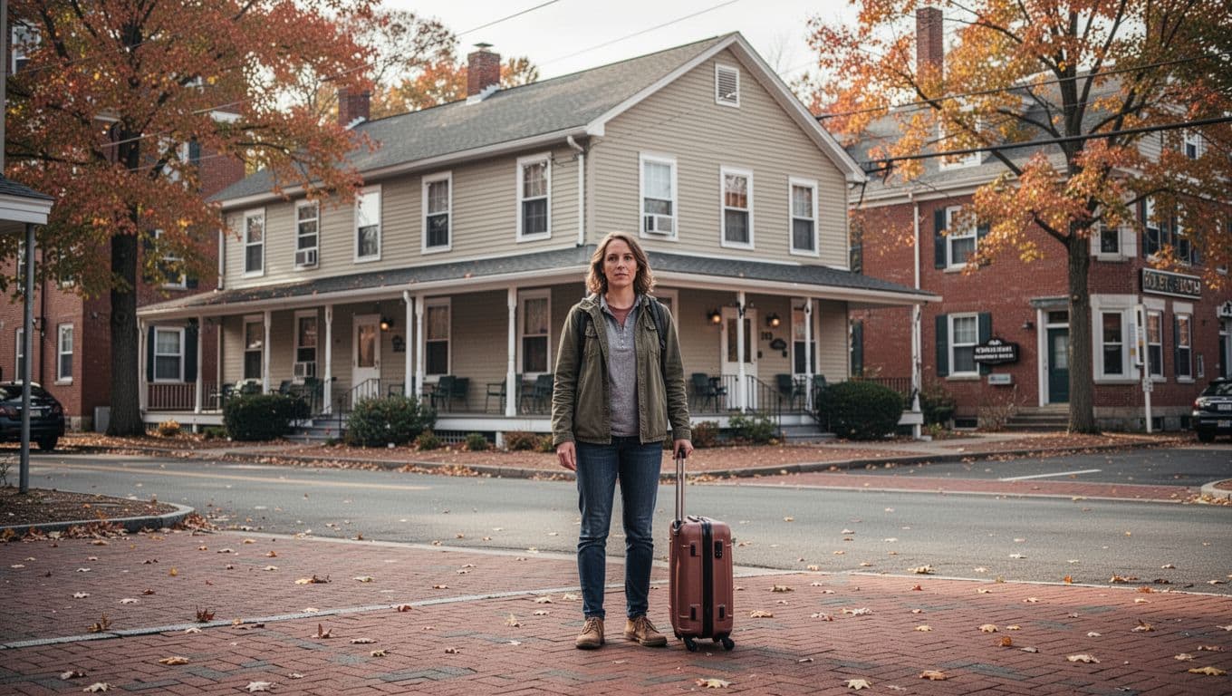 A traveler with a small suitcase outside a modest hotel on an autumn street.