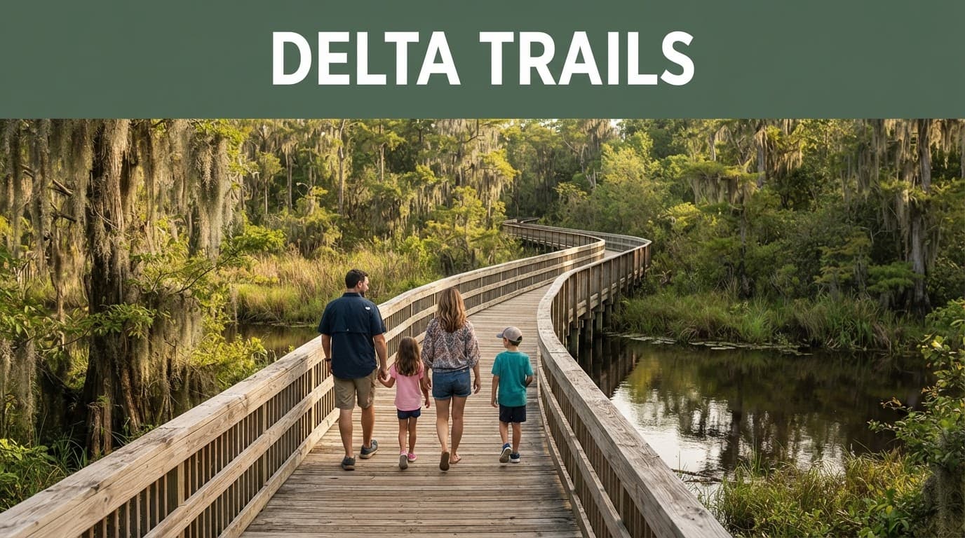 Four people walk along a boardwalk through cypress wetlands beside calm water.