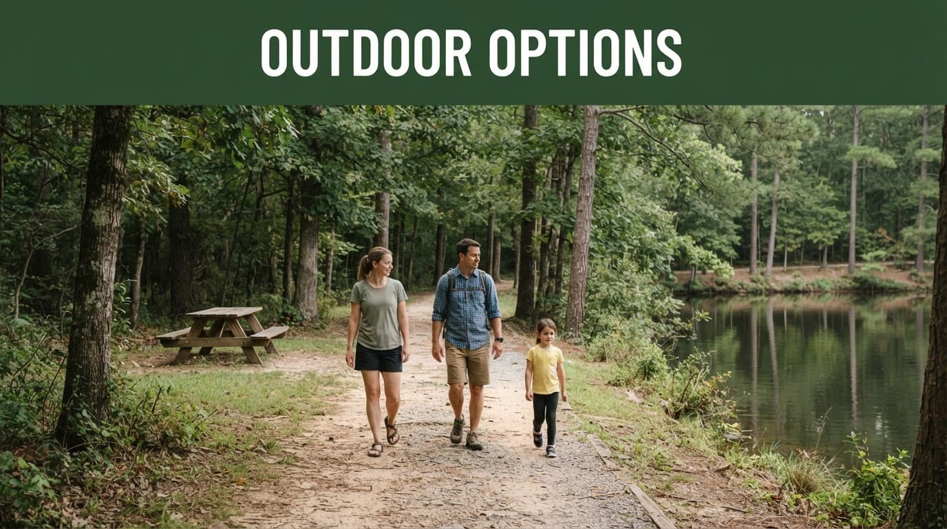 Two adults and a child walk beside a calm lake on a shaded trail.