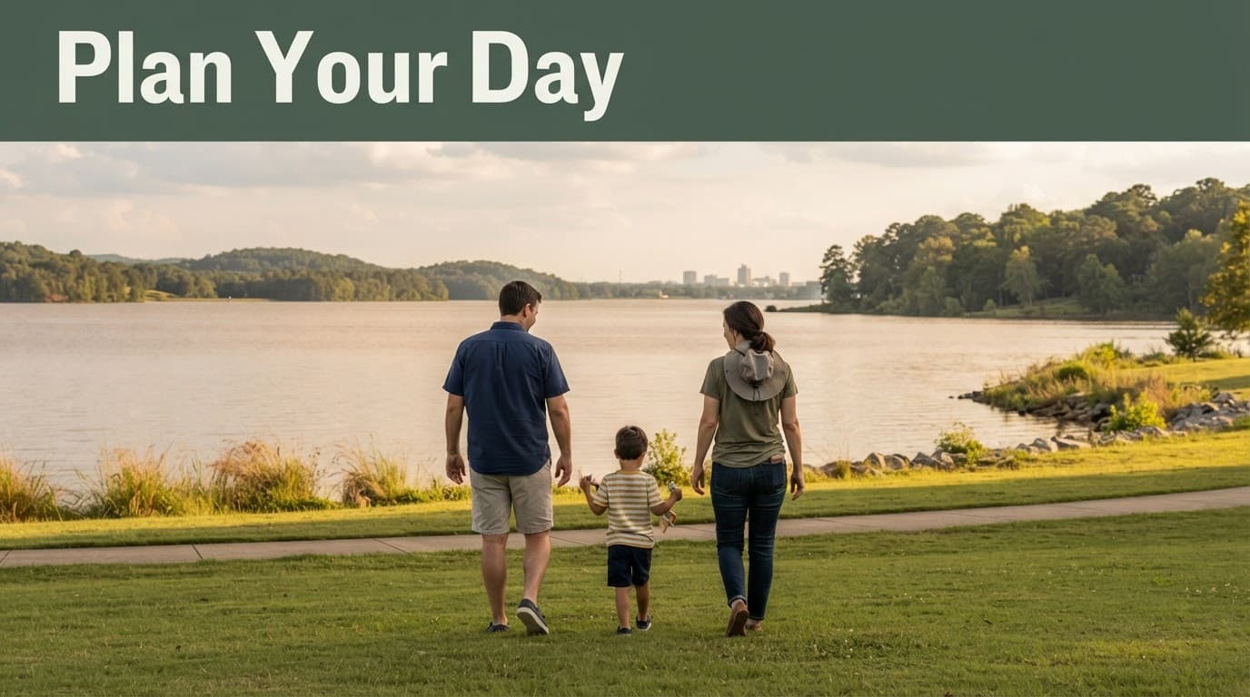 Two adults and a child stand on a grassy riverfront park beside calm water.