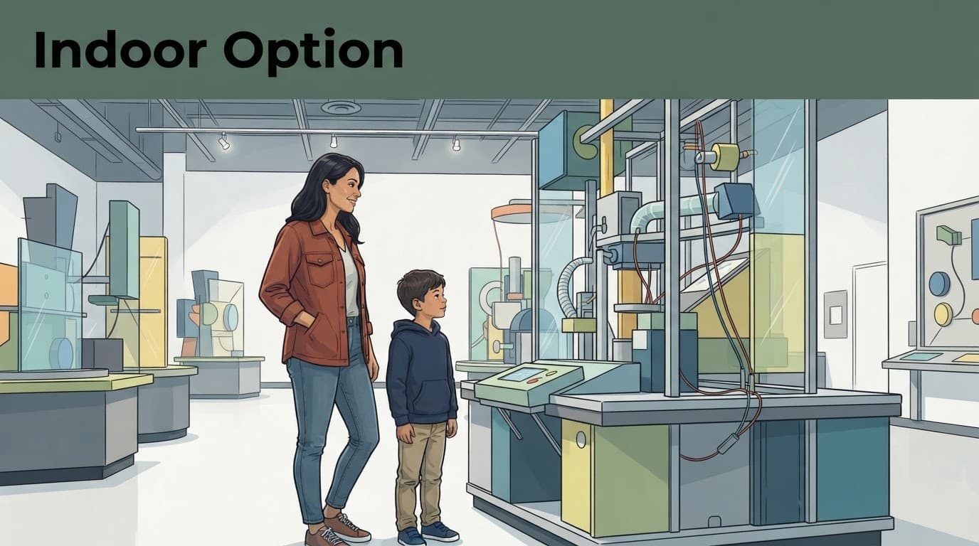 An adult and child view an abstract science exhibit in a bright museum gallery.
