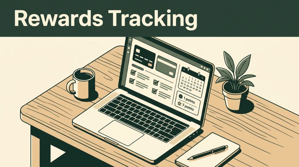 Laptop dashboard showing credit cards, checkmarks, dates, and reward points.